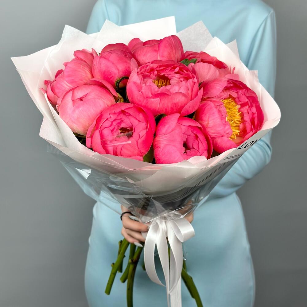 Букет из 9 коралловых голландских пионов