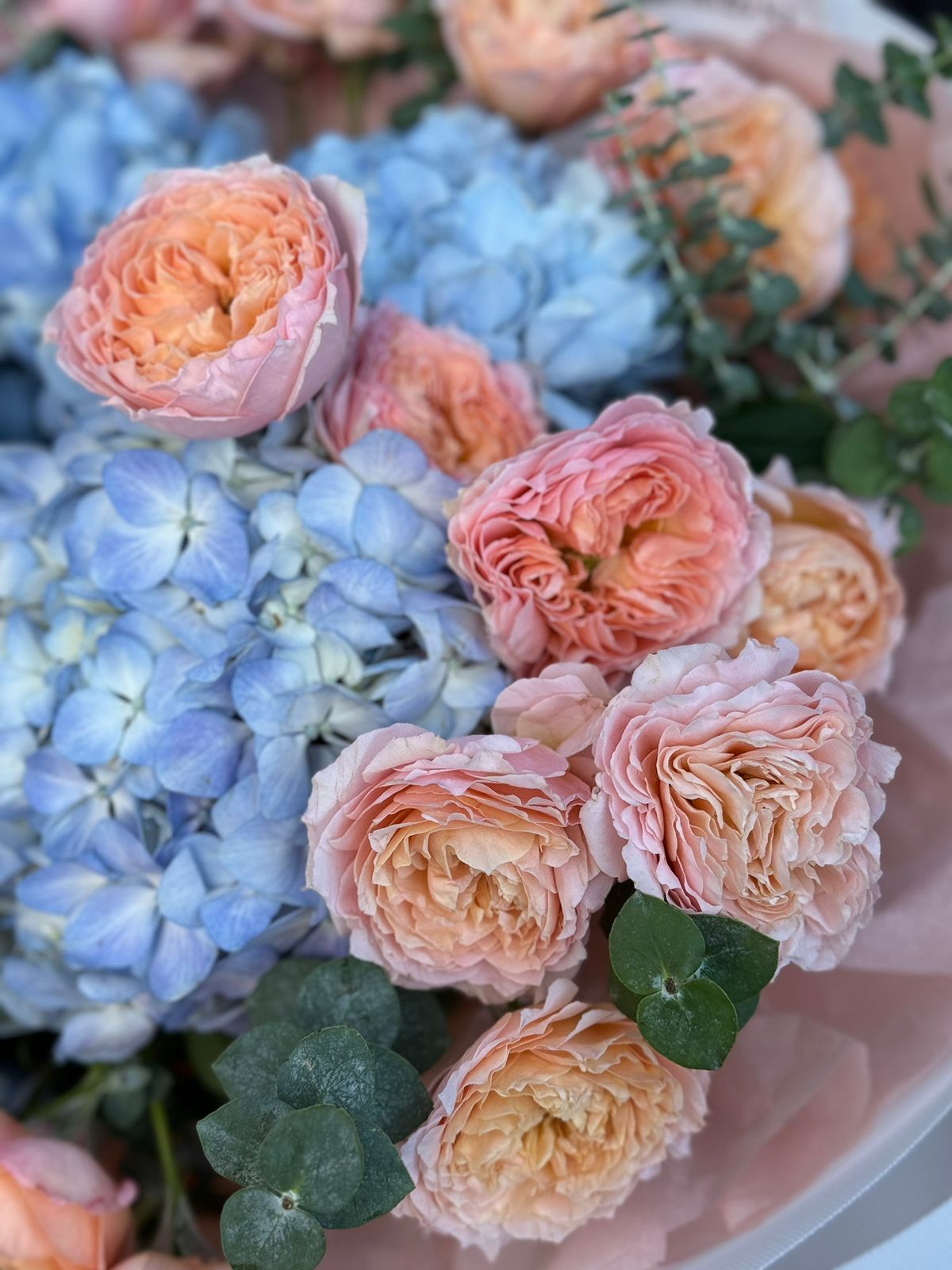 Букет "Сюр L" из гортензий из  пионовидных спрей роз