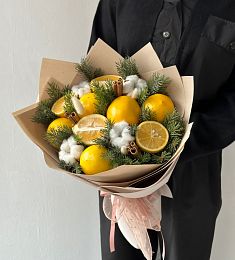 Фруктовый букет "Лимонка" из лимонов, хлопка и нобилиса
