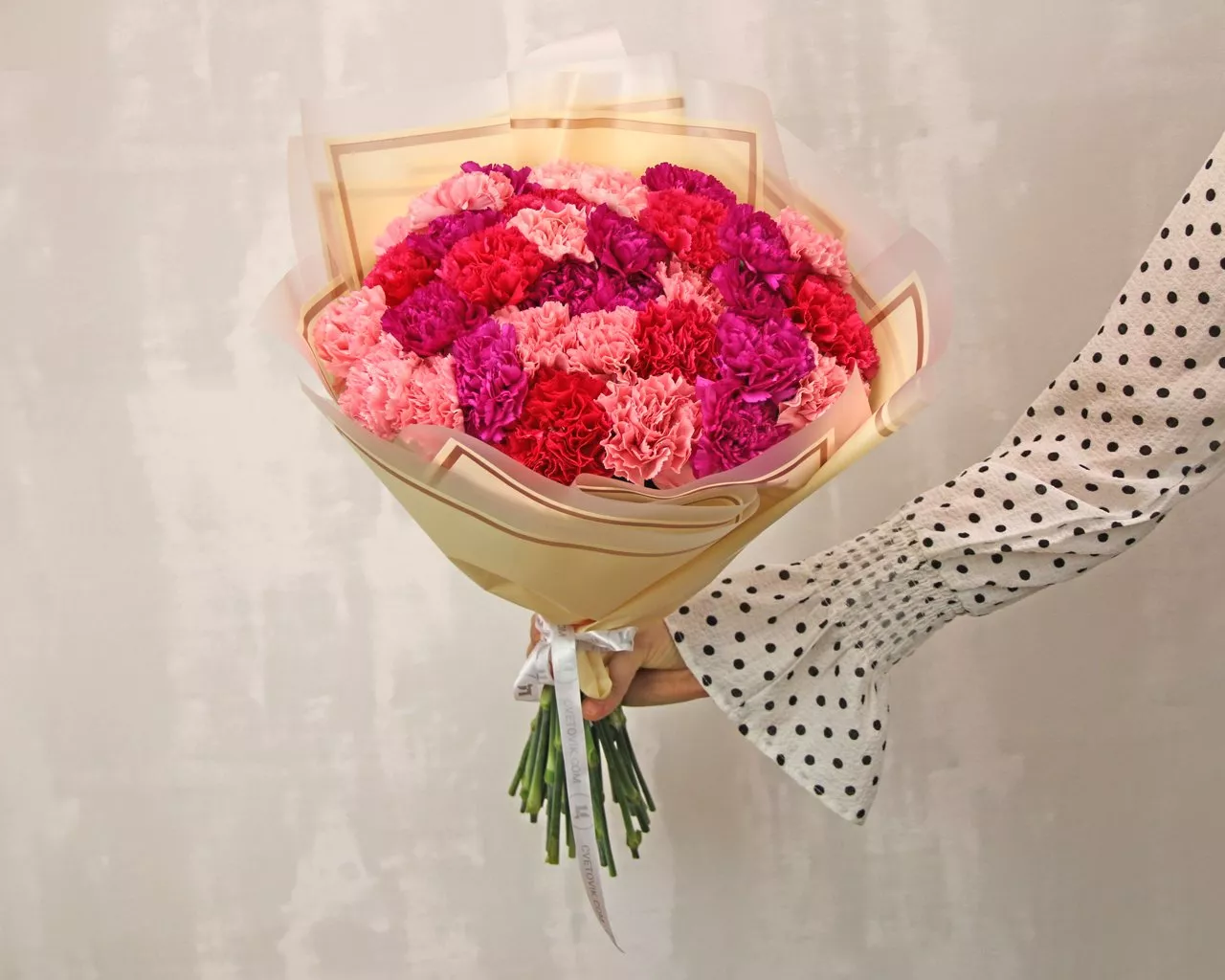 Букет из 35 ярких гвоздик в красных оттенках