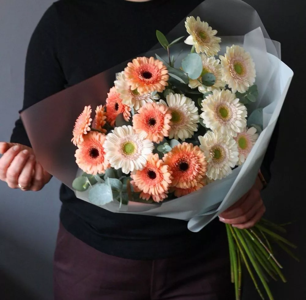 Букет из 17 гербер с эвкалиптом