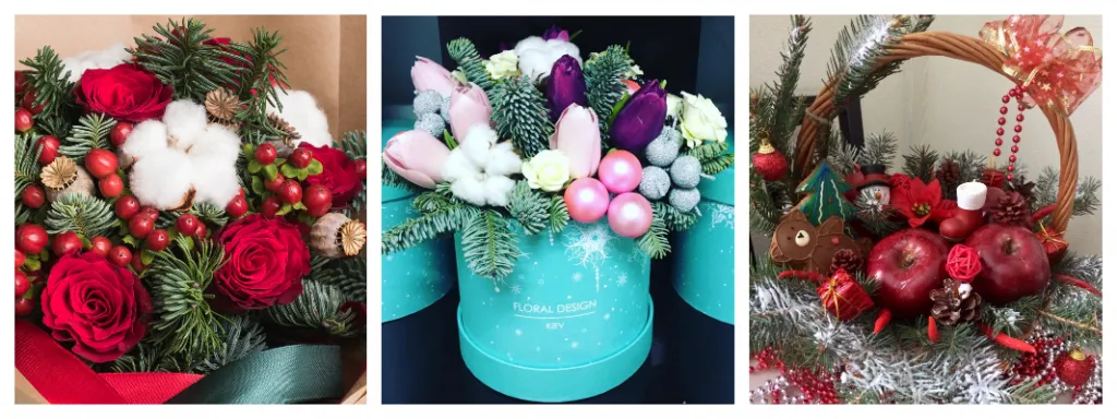 Коллаж из новогодних букетов и подарочных корзин