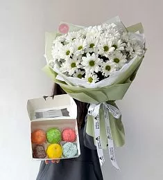 Сет "Яркий день" букет хризантем и пирожные моти