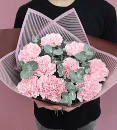 Букет "Фродо" из 9 гвоздик с эвкалиптом