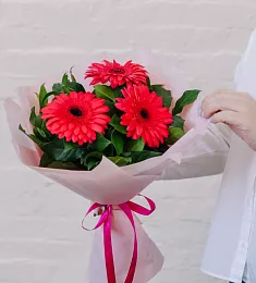 Букет "Огниво" букет из 3 гербер с зеленью